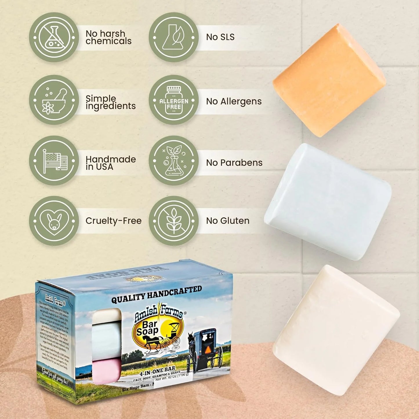 Amish Farms Paraben-Free, Hypoallergenic Moisturizing Bath Bars for Sensitive Skin with Natural Bentonite Clay - Made in USA (6 Pack)